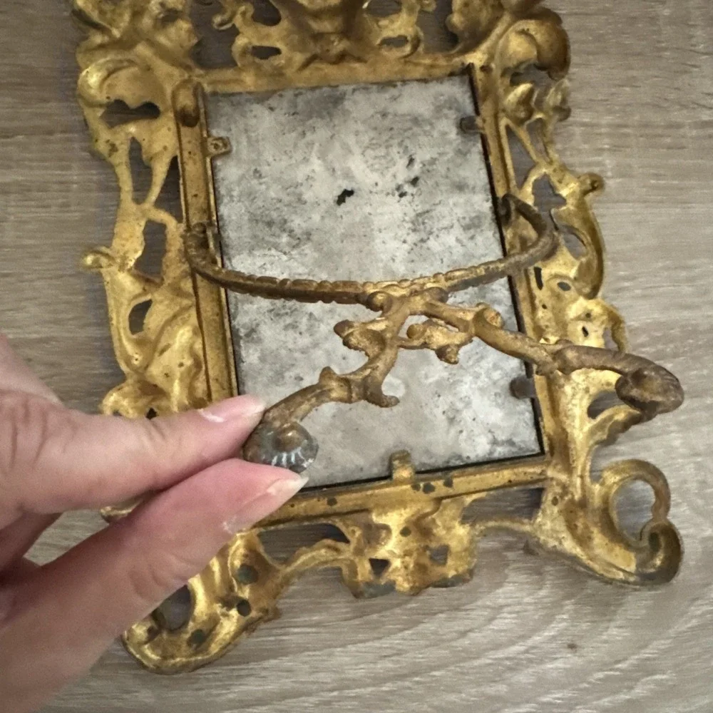 Antique Vtg Victorian Ornate Easel Picture Frame/Mirror Cast Iron Bronze Lion